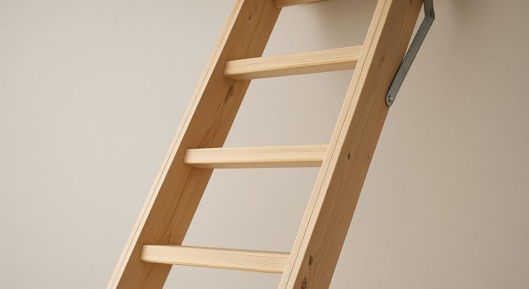 Close-up view of a well-designed wooden loft ladder against a neutral wall