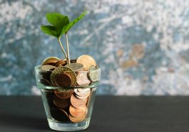 A glass pot filled with coins and a small plant growing from the top, symbolizing growth and investment.